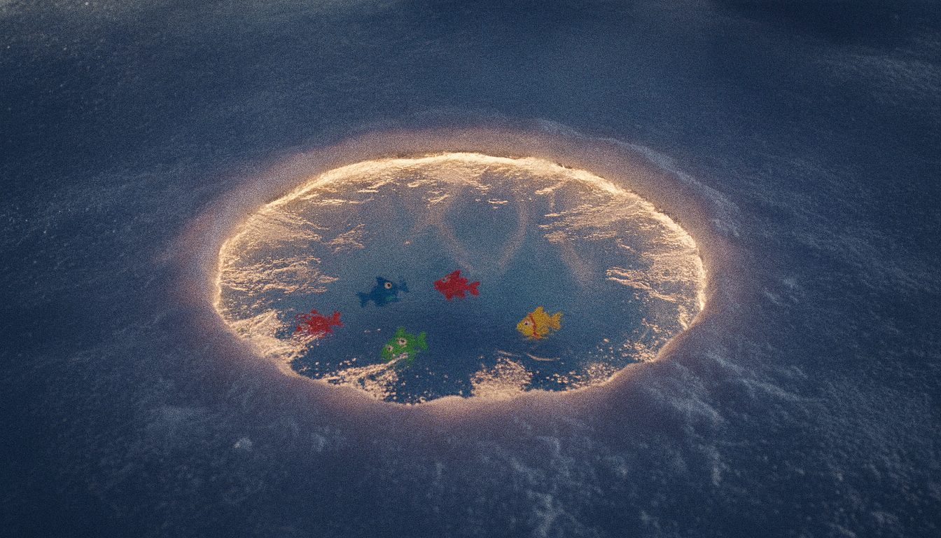 Trou de pêche sur glace avec des poissons colorés, illustrant le tour bonus d'Ice Fishing
